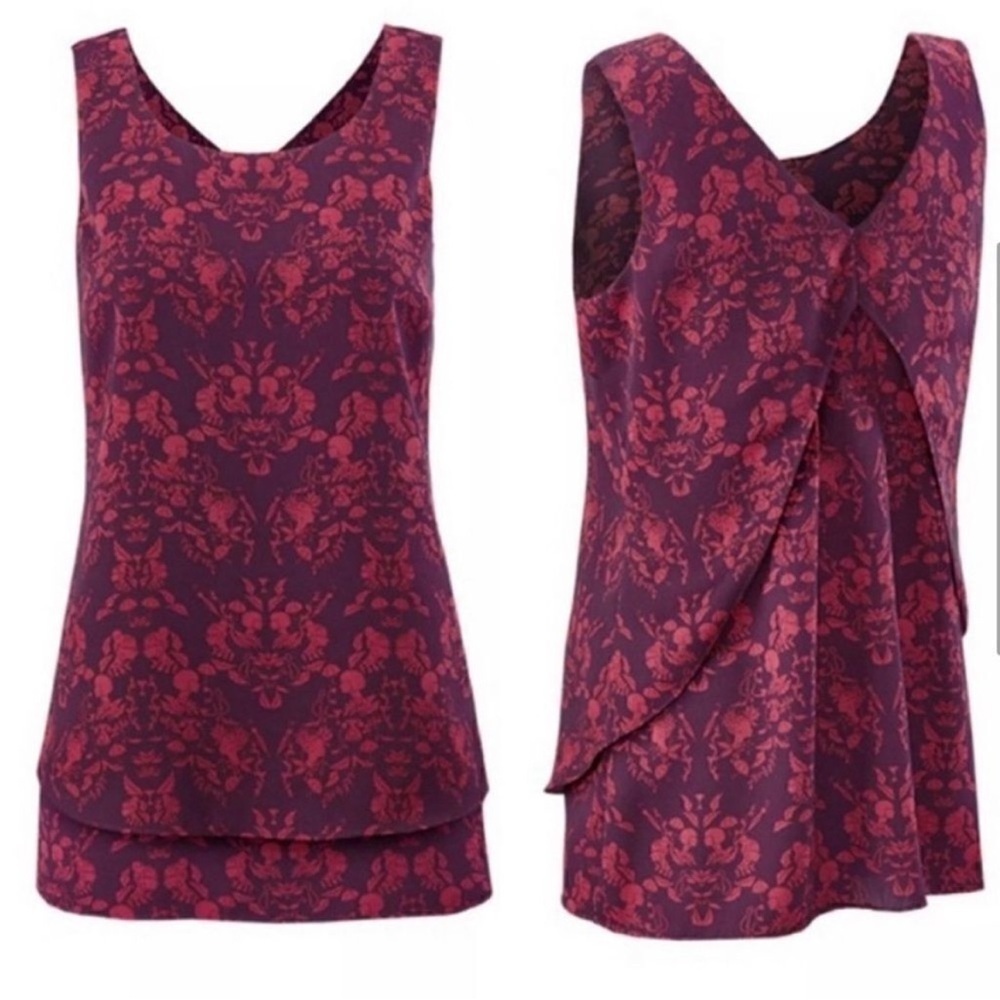CAbi Cameo print burgundy and coral layered sleeveless blouse 3258